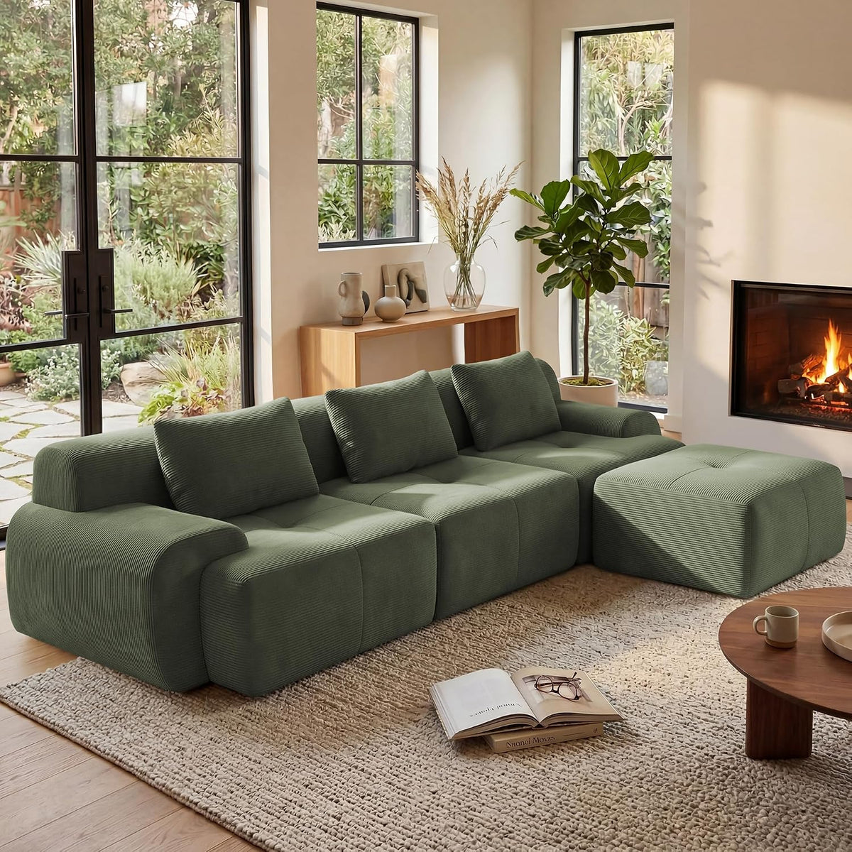 Flex Sofa | 108" Modular Corduroy L-Shape Sectional With Ottoman & 3 Throw Pillows