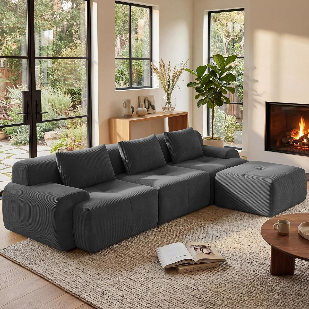 Flex Sofa | 108" Modular Corduroy L-Shape Sectional With Ottoman & 3 Throw Pillows