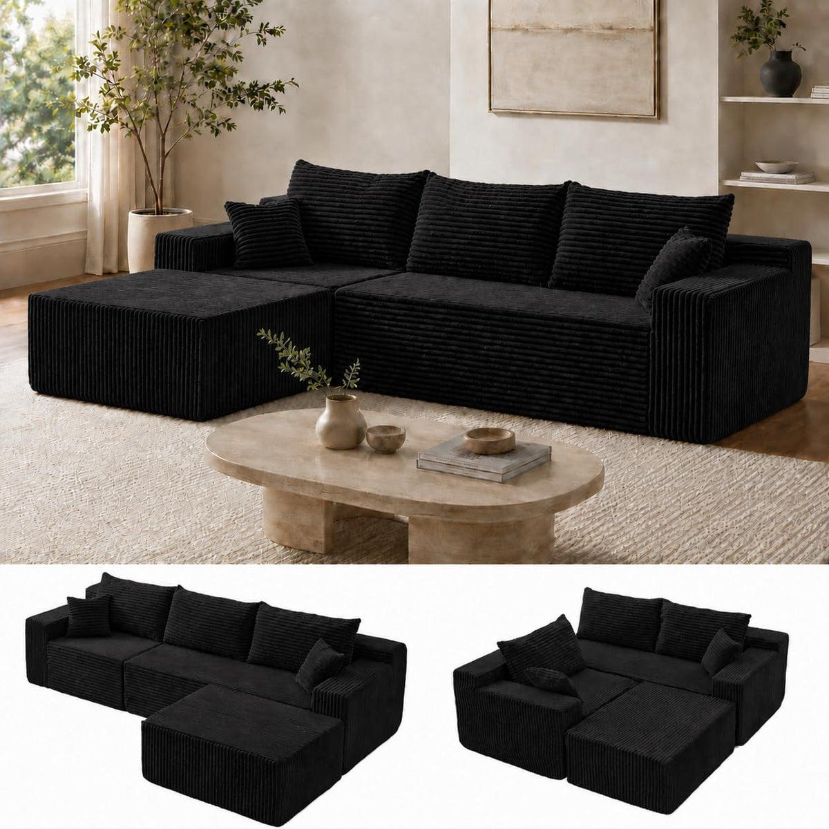 Cloud Sofa | 115" Boneless Corduroy L-Shaped Sectional With Chaise & Ottoman