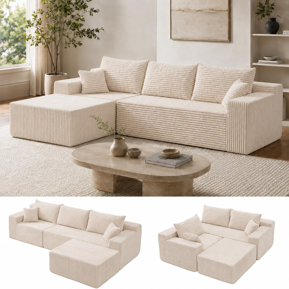 Cloud Sofa | 115" Boneless Corduroy L-Shaped Sectional With Chaise & Ottoman