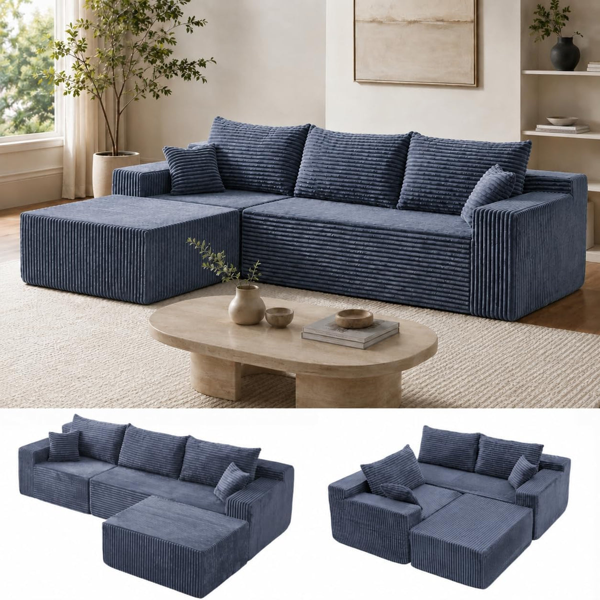 Cloud Sofa | 115" Boneless Corduroy L-Shaped Sectional With Chaise & Ottoman
