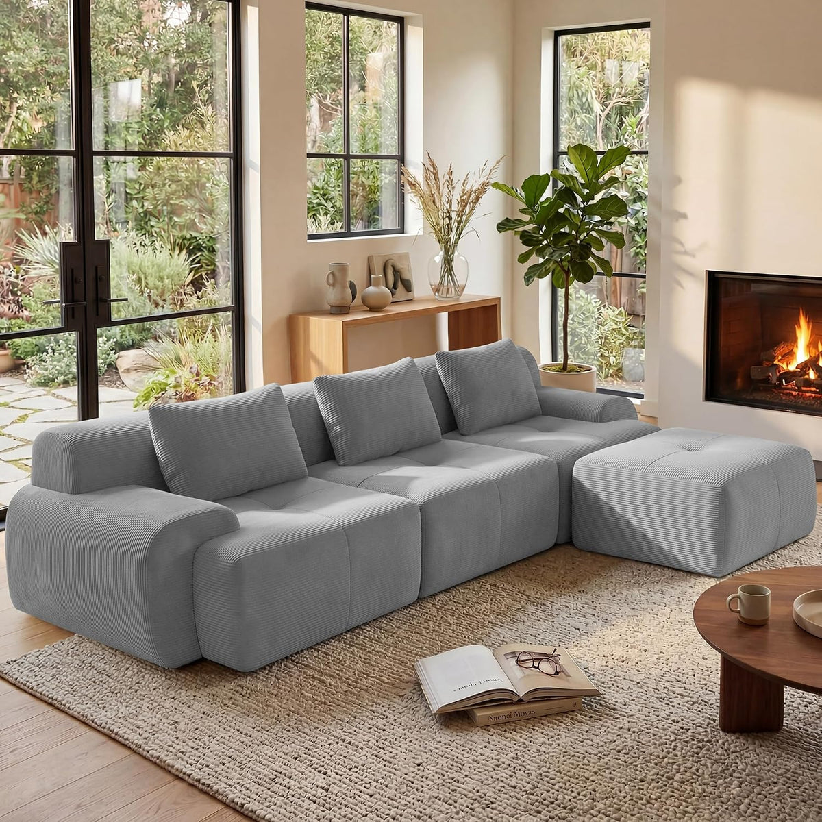 Flex Sofa | 108" Modular Corduroy L-Shape Sectional With Ottoman & 3 Throw Pillows