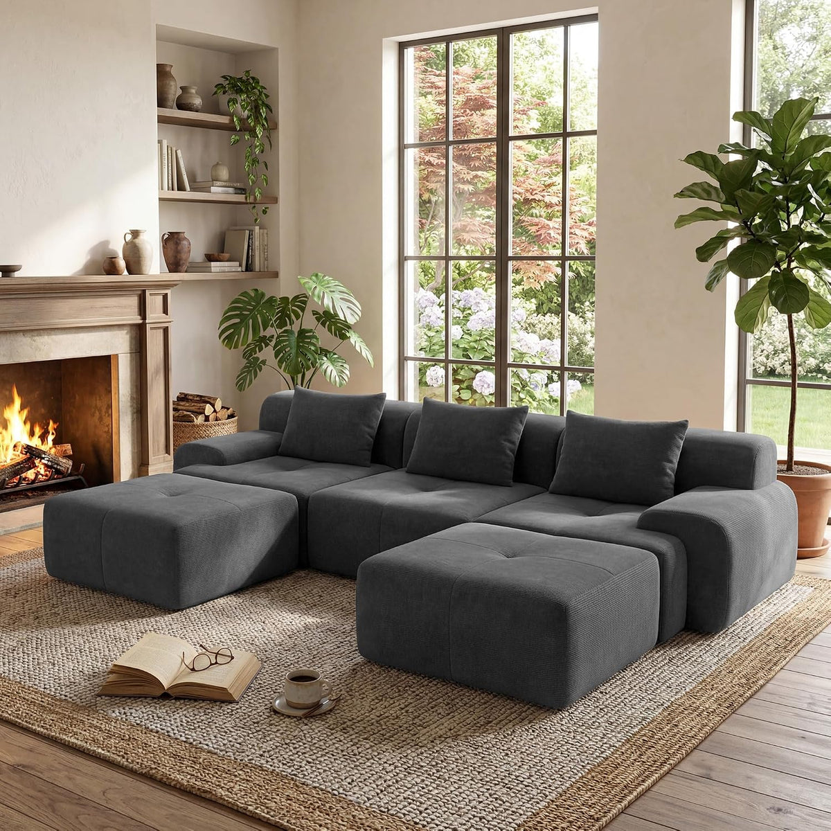 Flex Sofa | 108" Modular Corduroy L-Shape Sectional With Ottoman & 3 Throw Pillows