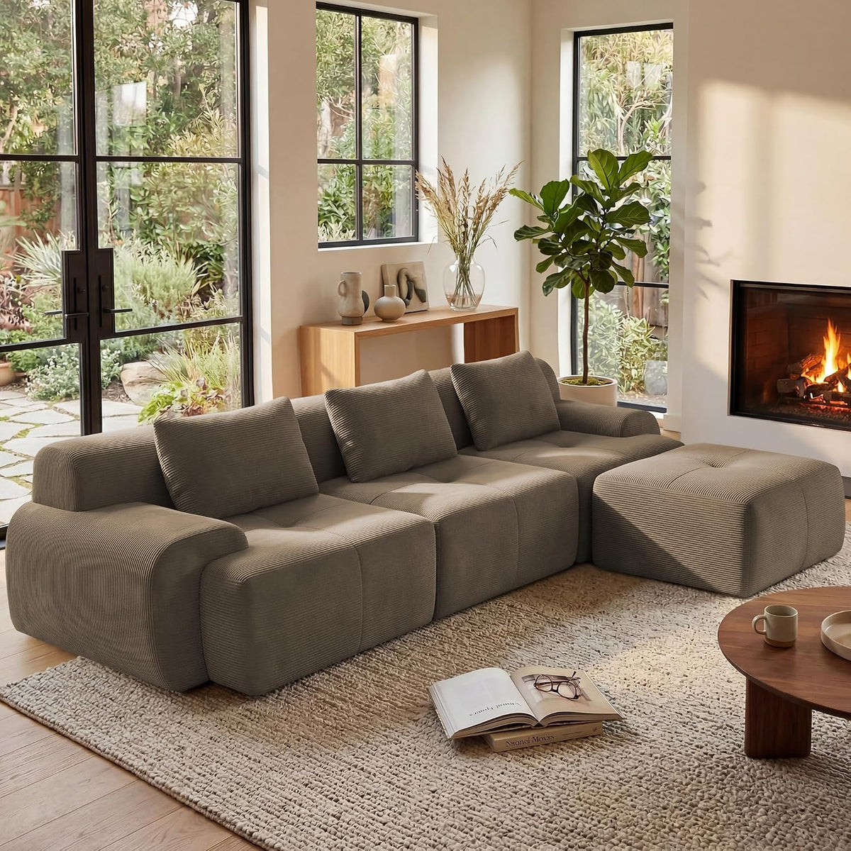 Flex Sofa | 108" Modular Corduroy L-Shape Sectional With Ottoman & 3 Throw Pillows