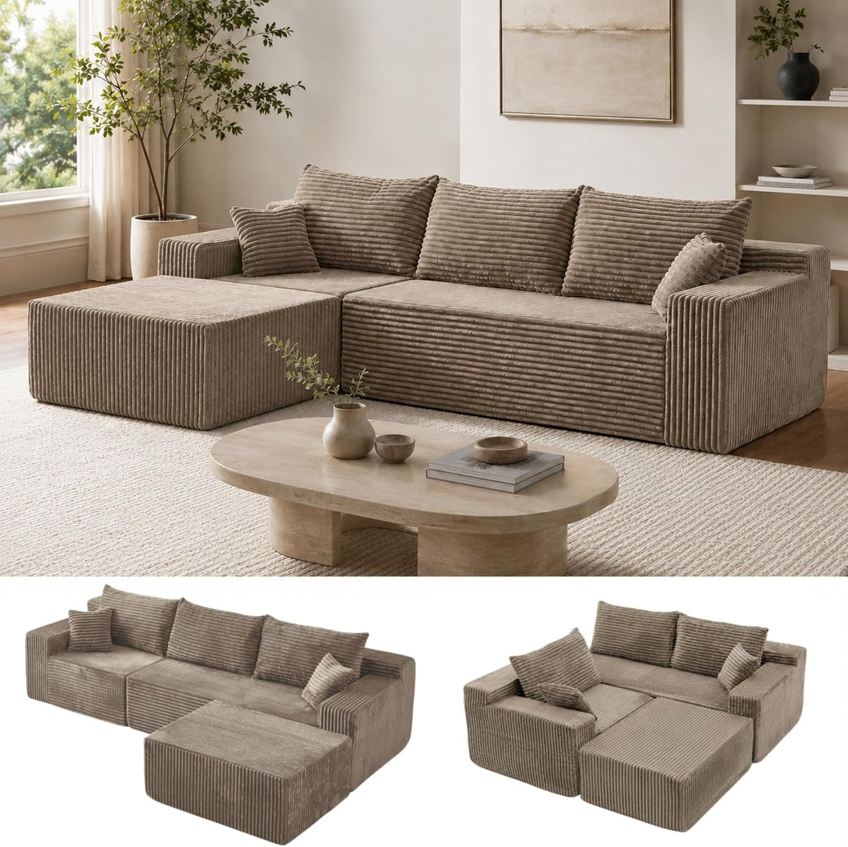 Cloud Sofa | 115" Boneless Corduroy L-Shaped Sectional With Chaise & Ottoman