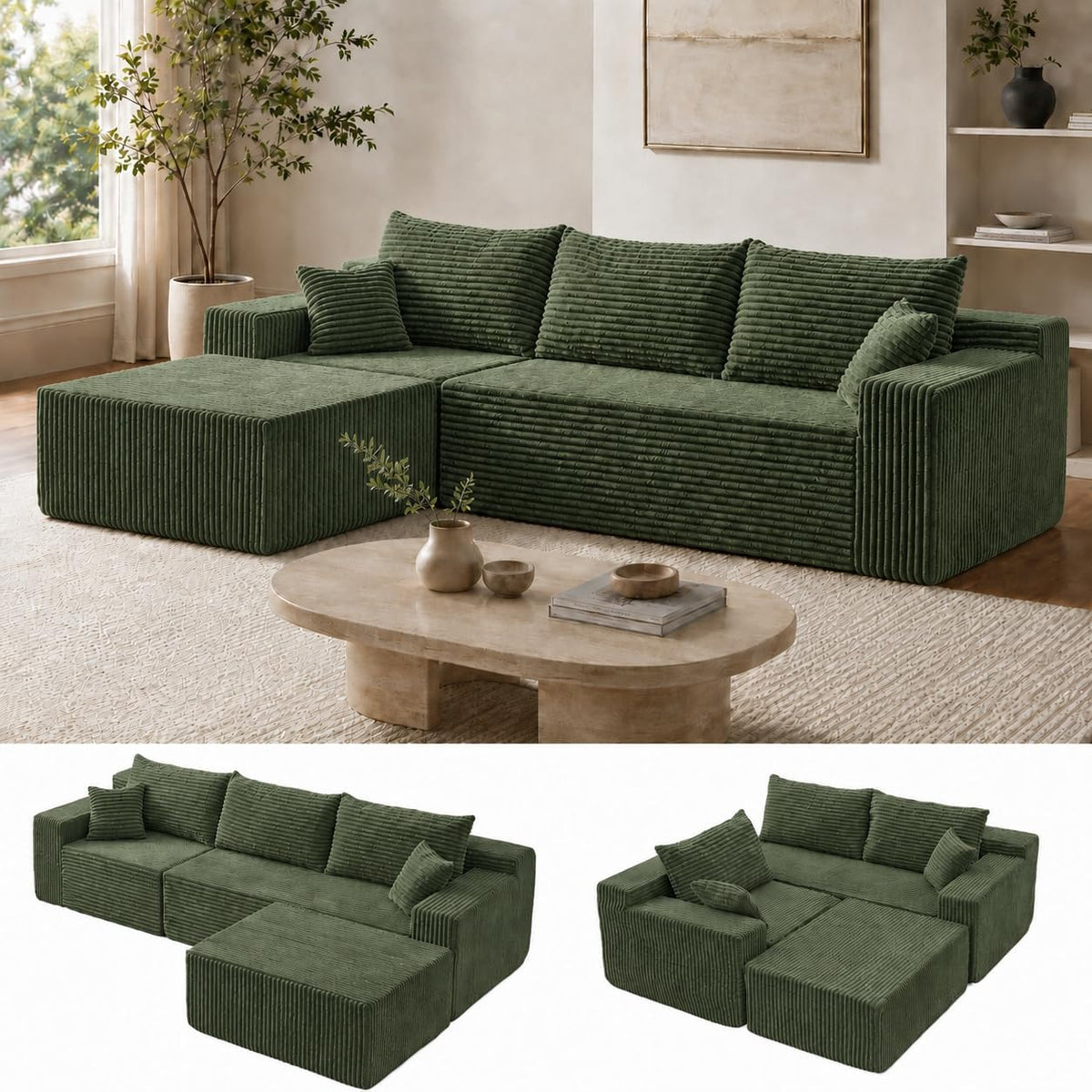 Cloud Sofa | 115" Boneless Corduroy L-Shaped Sectional With Chaise & Ottoman