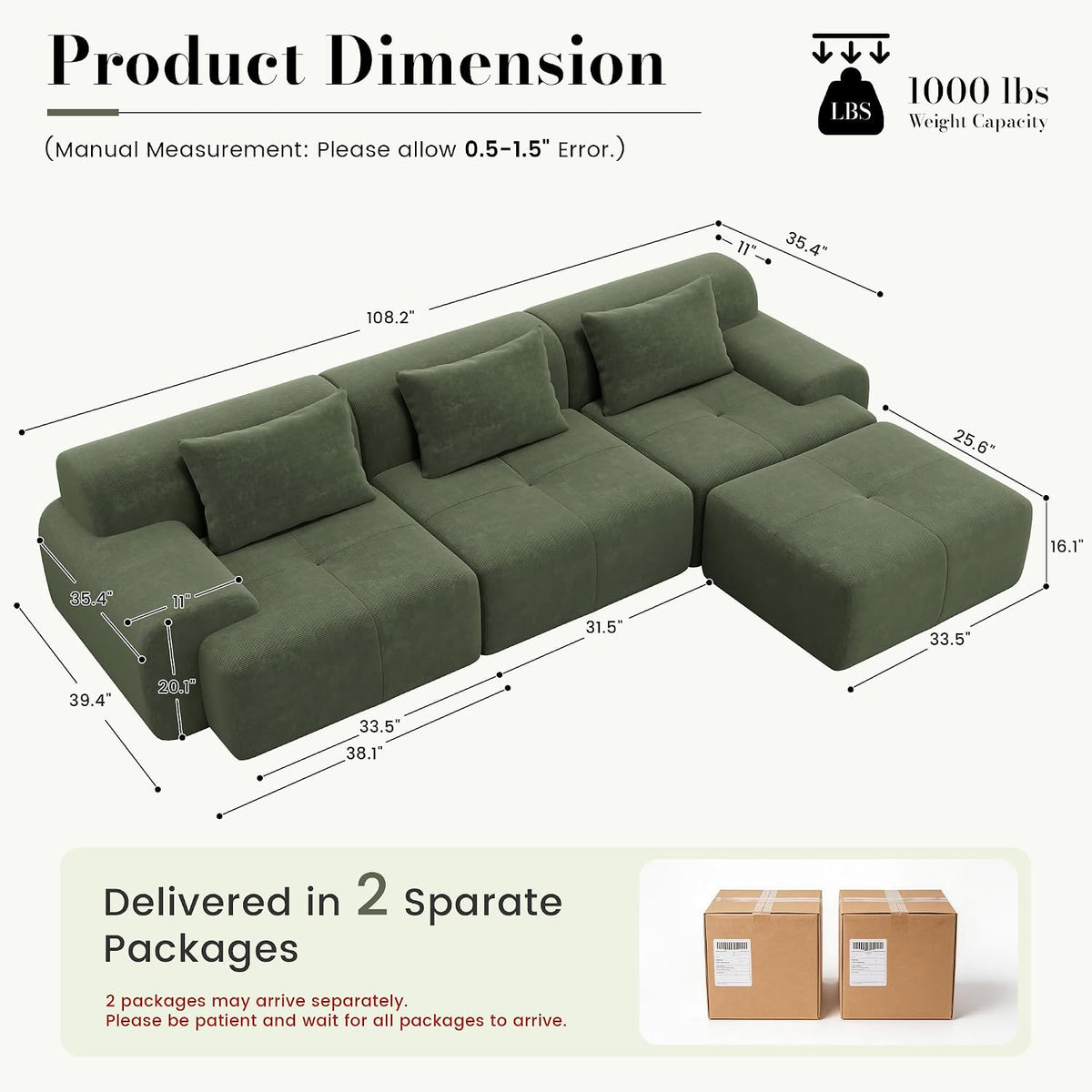 Flex Sofa | 108" Modular Corduroy L-Shape Sectional With Ottoman & 3 Throw Pillows