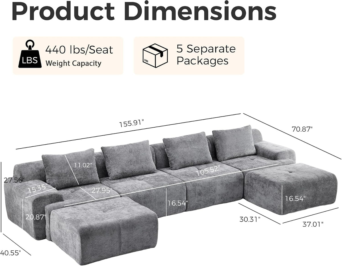 Flex Sofa | 120" Boneless Chenille Modular Sectional With Movable Ottomans