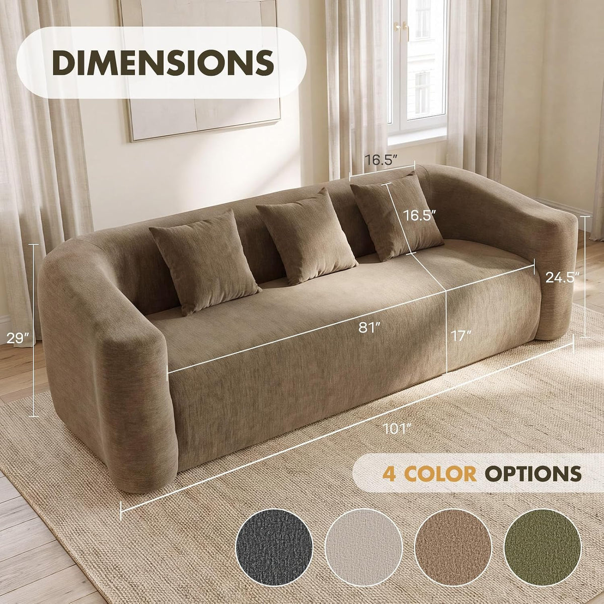 Cloud Sofa | 101" Curved-Back Boneless Chenille Couch With Memory Foam