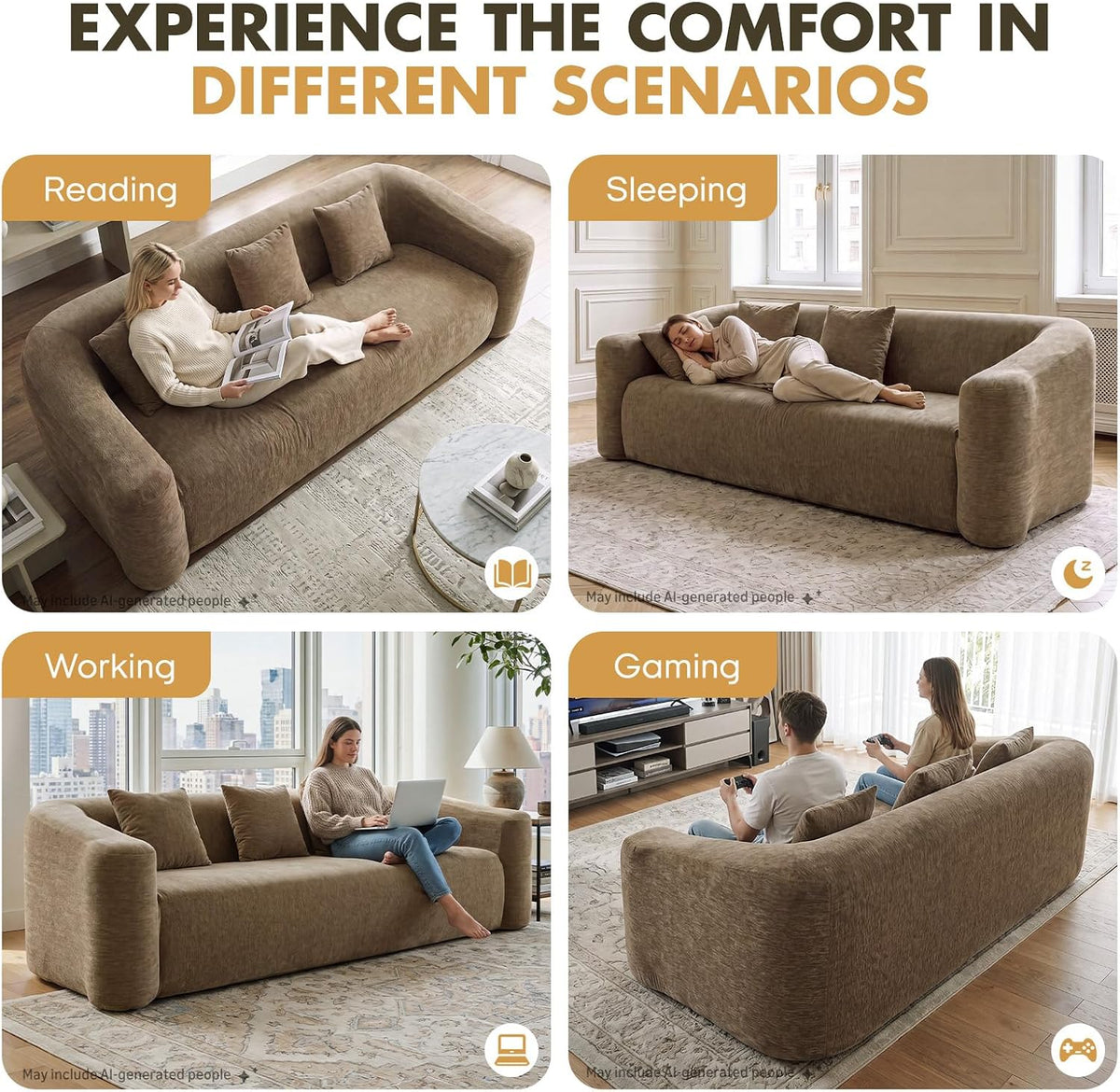 Cloud Sofa | 101" Curved-Back Boneless Chenille Couch With Memory Foam