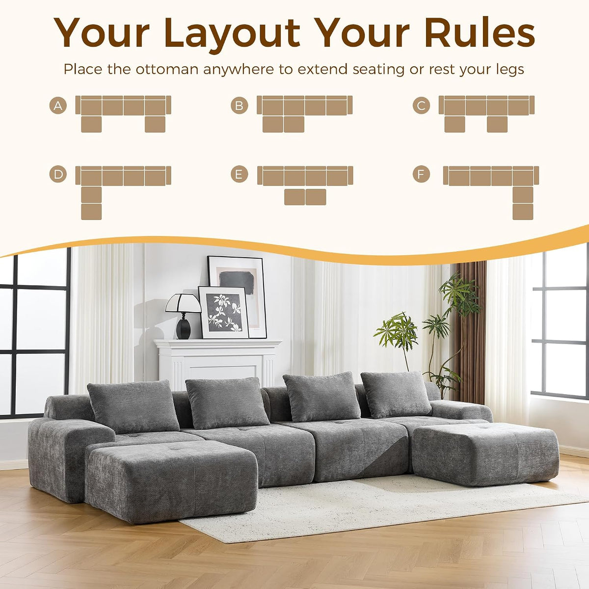 Flex Sofa | 120" Boneless Chenille Modular Sectional With Movable Ottomans