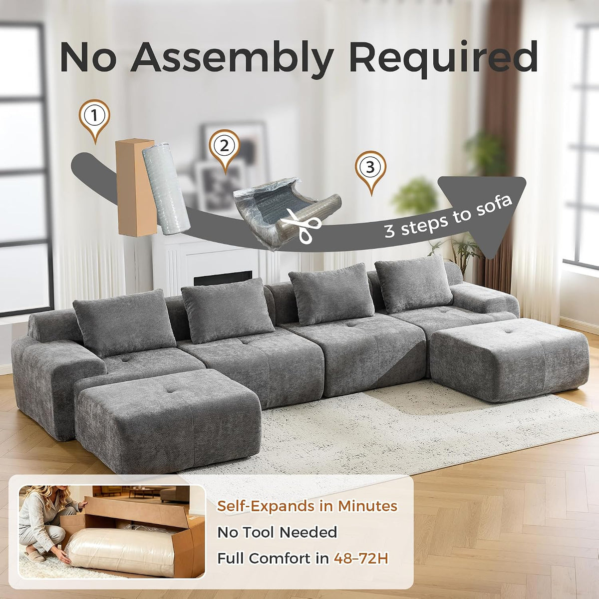 Flex Sofa | 120" Boneless Chenille Modular Sectional With Movable Ottomans