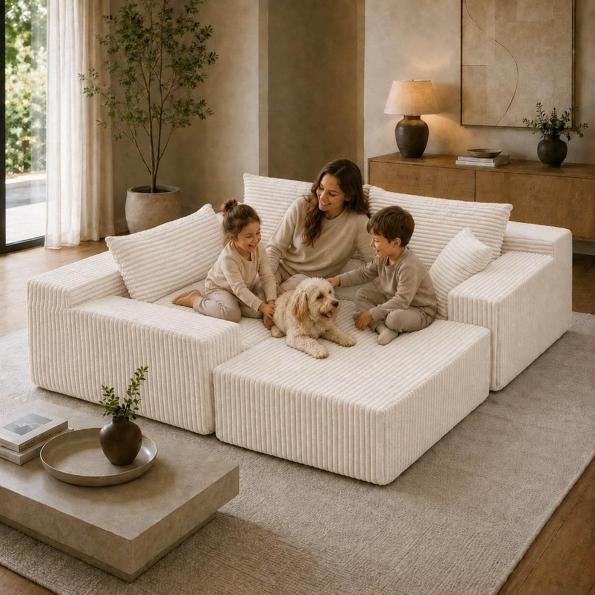 Cloud Sofa | 115" Boneless Corduroy L-Shaped Sectional With Chaise & Ottoman