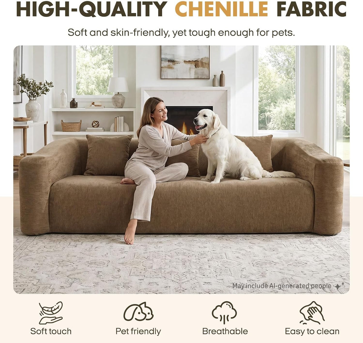 Cloud Sofa | 101" Curved-Back Boneless Chenille Couch With Memory Foam