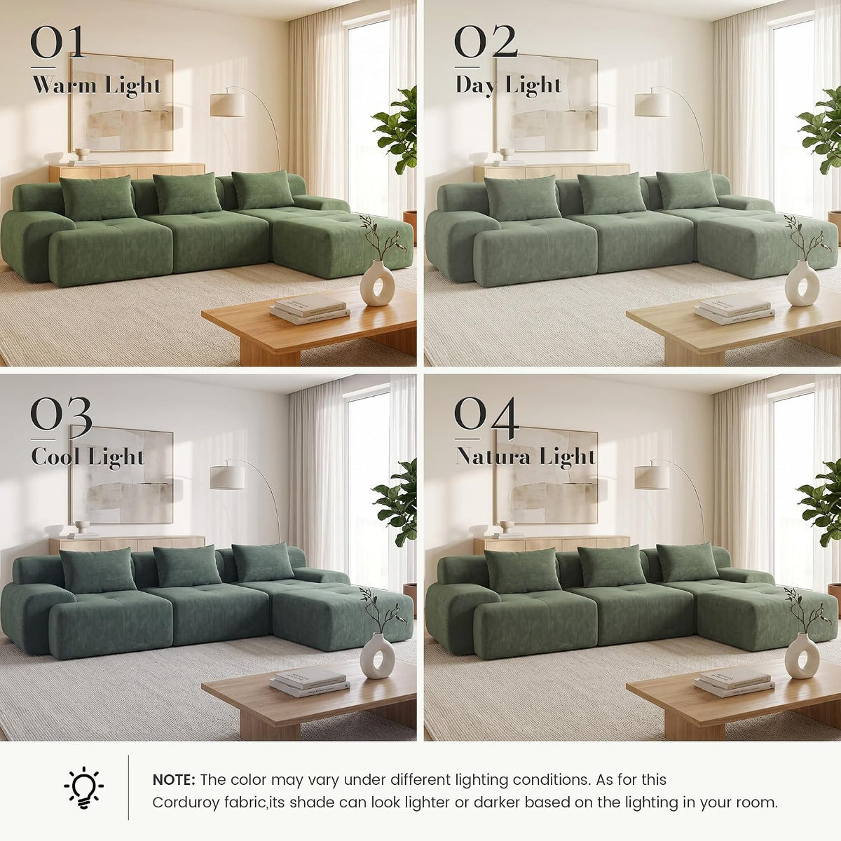 Flex Sofa | 108" Modular Corduroy L-Shape Sectional With Ottoman & 3 Throw Pillows