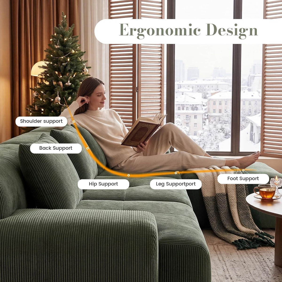 Flex Sofa | 108" Modular Corduroy L-Shape Sectional With Ottoman & 3 Throw Pillows