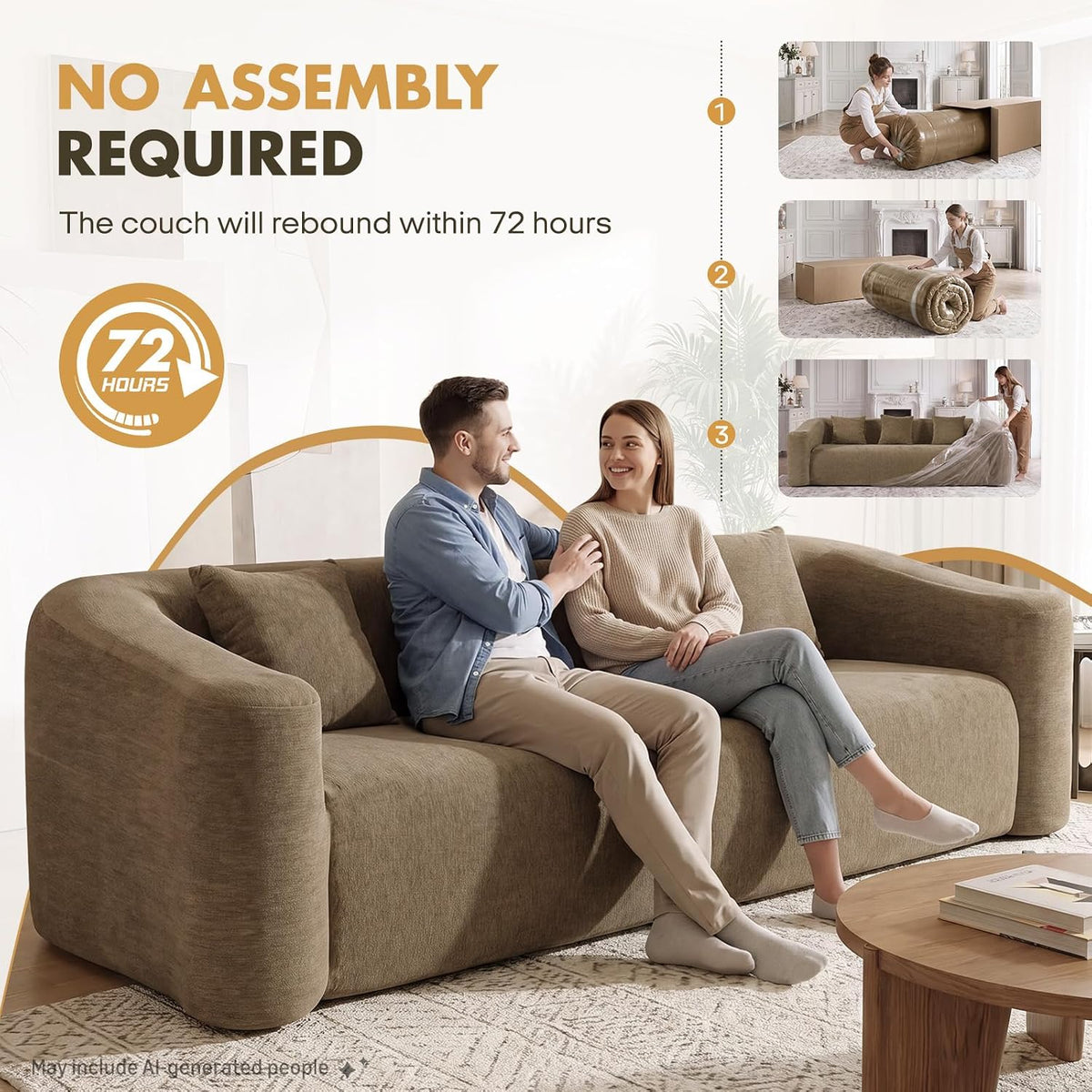 Cloud Sofa | 101" Curved-Back Boneless Chenille Couch With Memory Foam