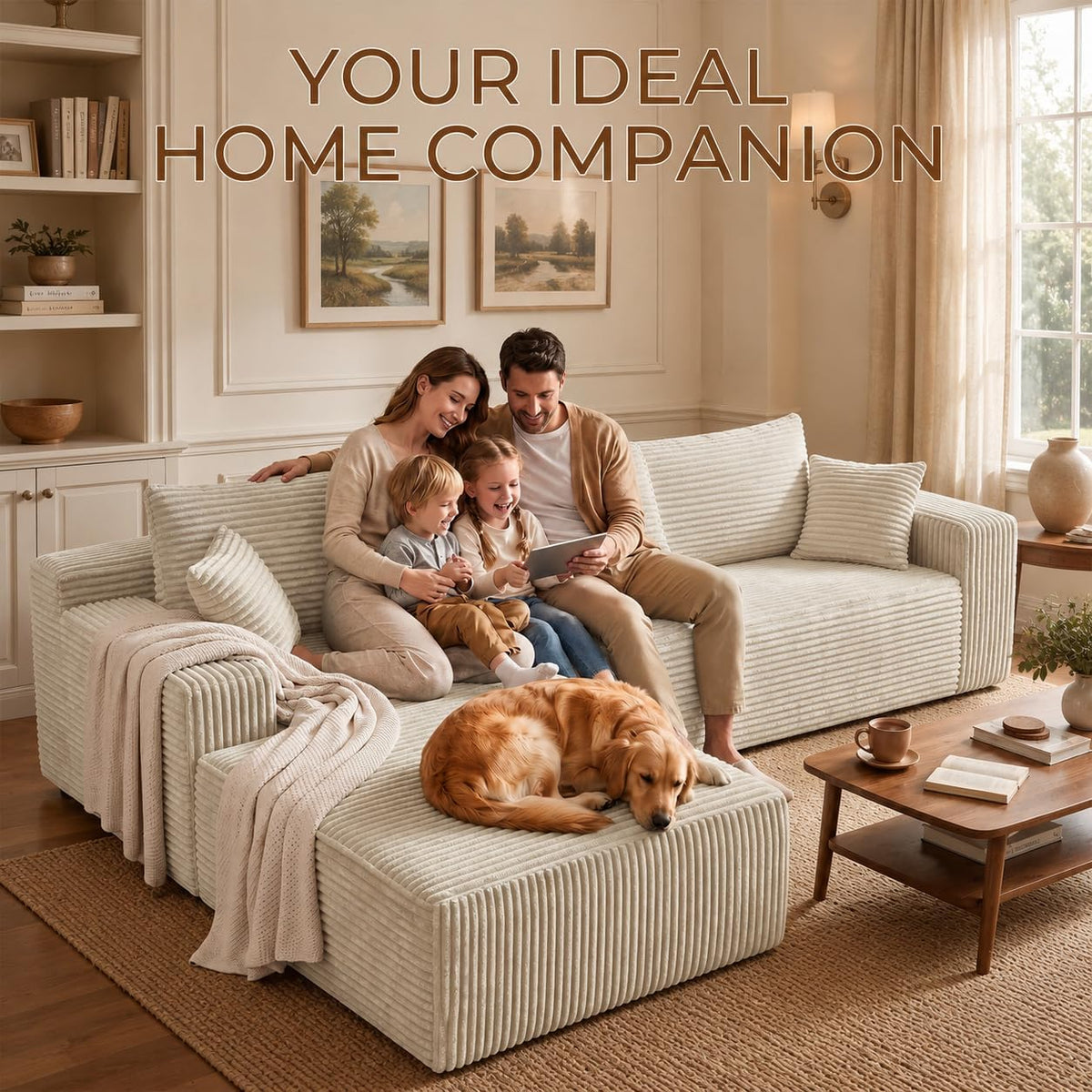 Cloud Sofa | 115" Boneless Corduroy L-Shaped Sectional With Chaise & Ottoman