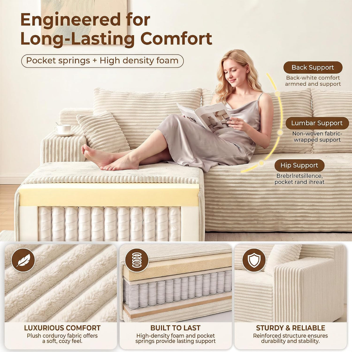 Cloud Sofa | 115" Boneless Corduroy L-Shaped Sectional With Chaise & Ottoman