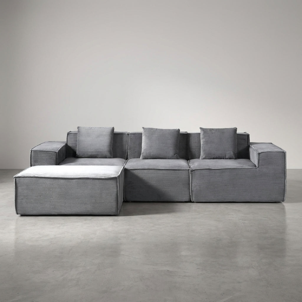 Flex Sofa | 112" Convertible L-Shape Boneless Corduroy Box Sofa with Ottoman