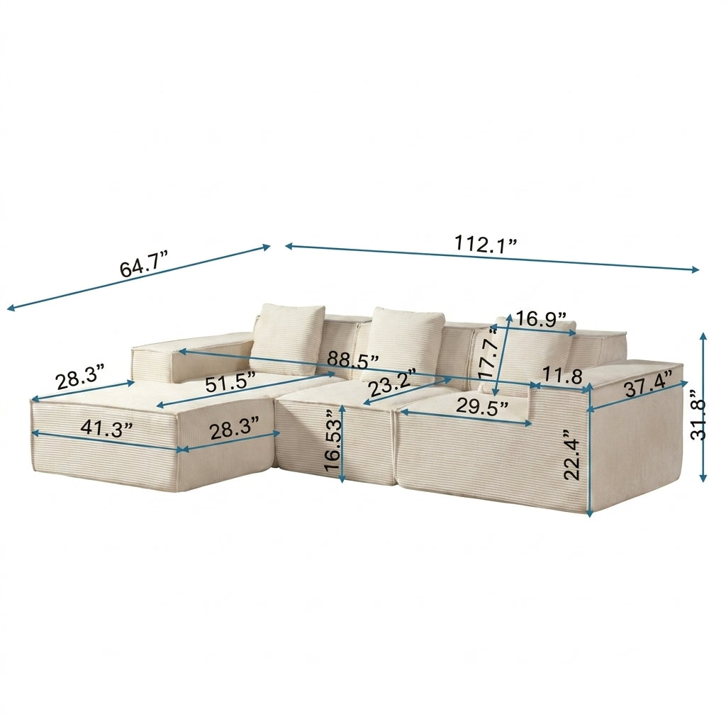 Flex Sofa | 112" Convertible L-Shape Boneless Corduroy Box Sofa with Ottoman
