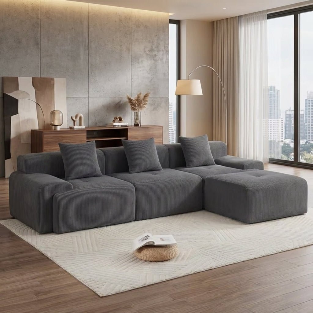 Flex Sofa | 118" Modular L-Shape Boneless Corduroy Sectional with Ottoman - Boneless Sectional Sofa | Boneless Labs