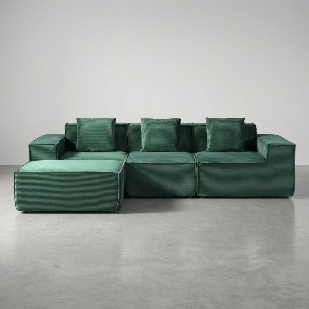 Flex Sofa | 112" Convertible L-Shape Boneless Corduroy Box Sofa with Ottoman