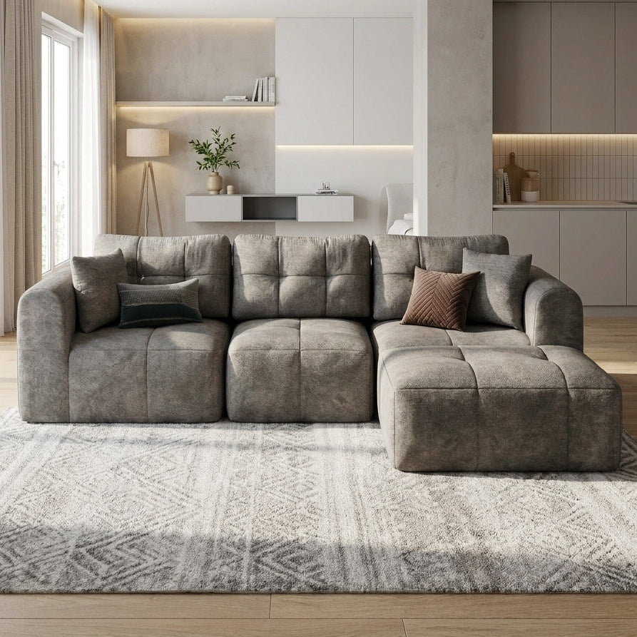 Flex Sofa | 110" L-Shape Boneless Chenille Sectional with Convertible Ottoman