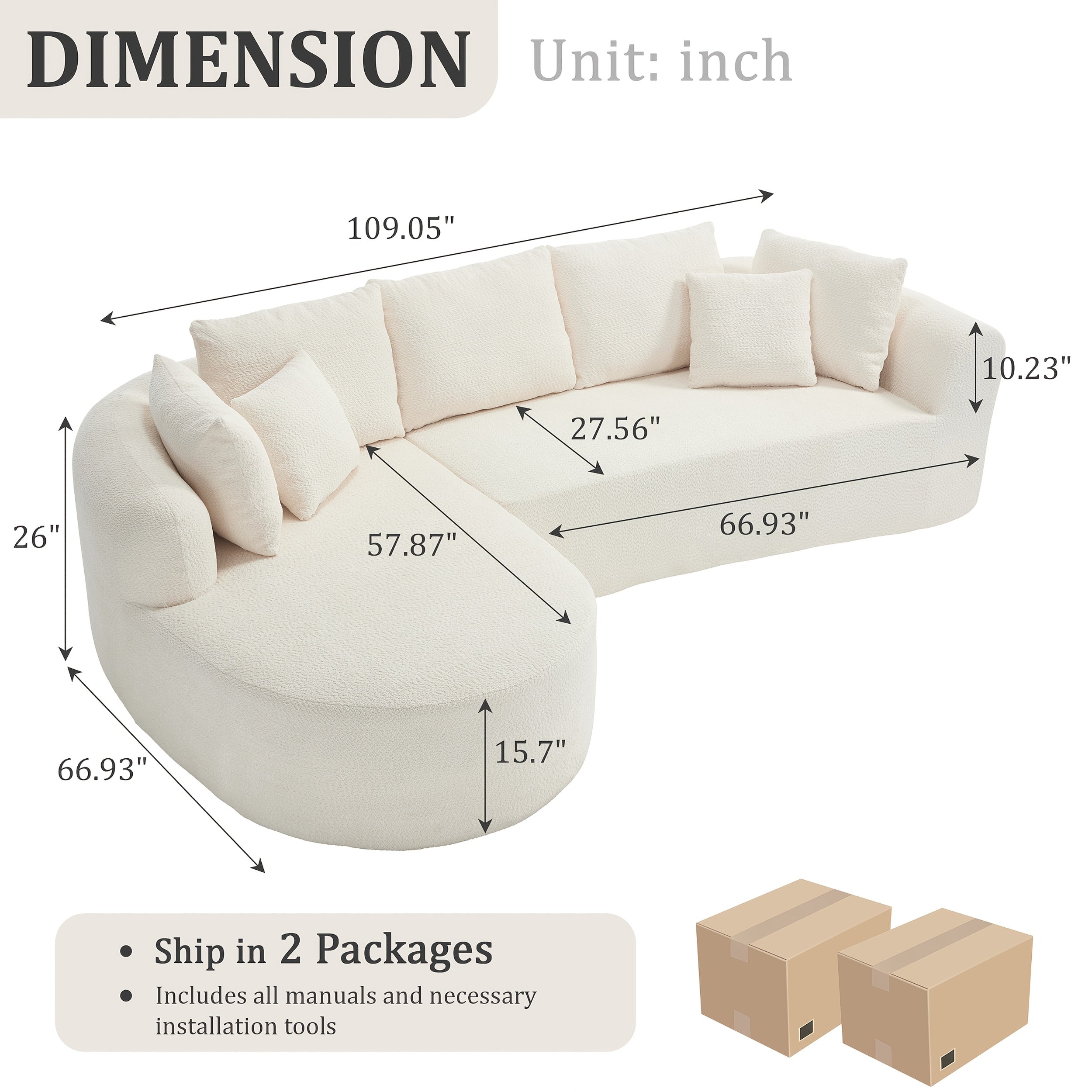 Cloud Sofa | 109" L-Shape Boneless Chenille Sectional with 7 Pillows