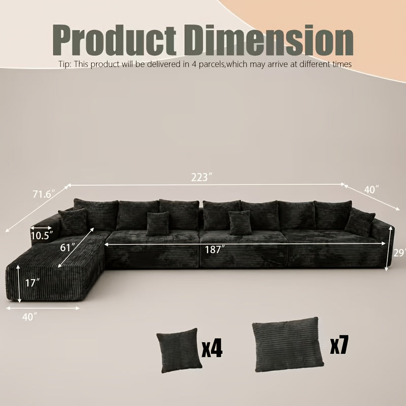 Mega Sofa | 223" Oversized L-Shape Boneless Corduroy Sectional with Detachable Chaise